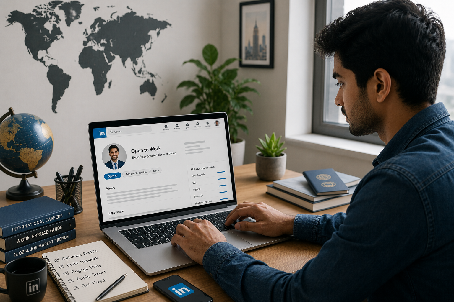 Indian professional optimizing LinkedIn profile on laptop while applying for international job opportunities abroad