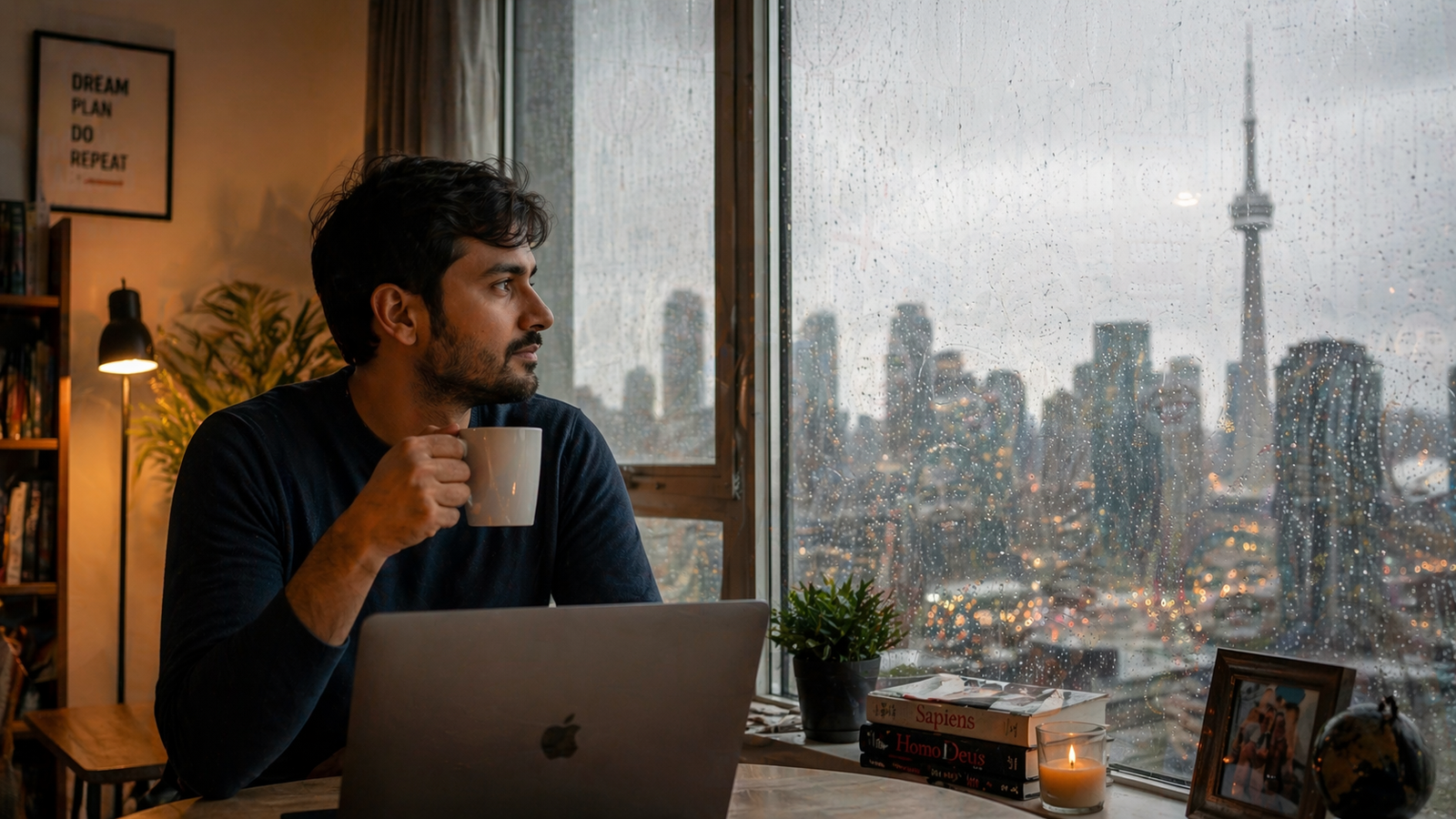 A young Indian professional sits by a rain-covered apartment window with a cup of chai and an open laptop, looking thoughtfully at a grey city skyline in the distance. Warm indoor lighting, books, plants, and a candle create a cozy contrast against the cold rainy view outside.