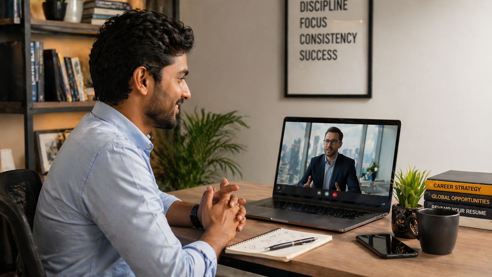 Indian professional attending an international video interview on a laptop, seated at a clean home office desk with bookshelf background, smart casual attire, confident posture, and a foreign interviewer visible on screen.