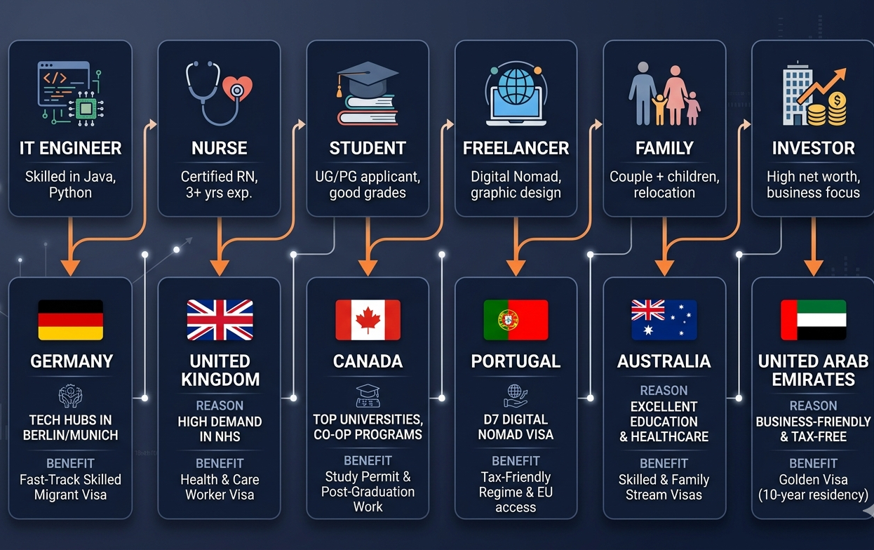 A two-tiered infographic on a dark navy background uses illustrations, icons, and text to match six specific professional and life stage profiles to ideal country destinations.  The top tier presents icons and titles for each profile, with arrows pointing down to the matching country. From left to right, the profiles are:  IT Engineer: (Code bracket, circuit board, and globe icon) "Skilled in Java, Python"  Nurse: (Stethoscope and heart icon) "Certified RN, 3+ yrs exp."  Student: (Graduation cap on stack of books) "UG/PG applicant, good grades"  Freelancer: (Globe and connecting network lines icon) "Digital Nomad, graphic design"  Family: (Pictogram of two adults and two children) "Couple + children, relocation"  Investor: (Building, stacks of coins, and an upward arrow) "High net worth, business focus"