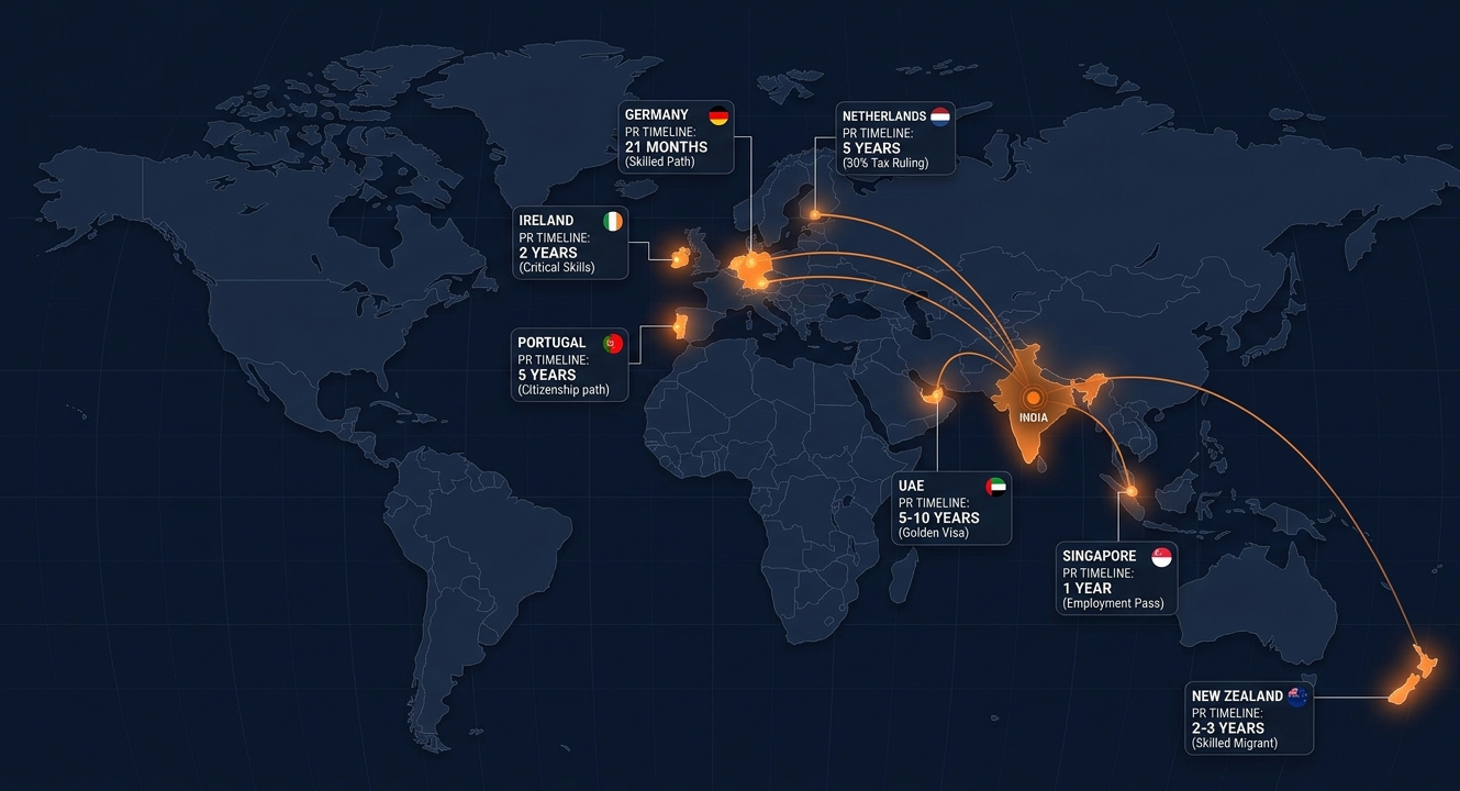 A global migration infographic set against a dark navy world map. The map features illuminated orange points representing key destinations, all linked to a glowing orange outline of India, which is labeled. Multiple data call-out boxes, each containing a national flag, highlight various countries and their Permanent Residency (PR) timelines. These call-out boxes feature specific immigration details: Germany: PR Timeline: 21 Months (Skilled Path), Netherlands: PR Timeline: 5 Years (30% Tax Ruling), Ireland: PR Timeline: 2 Years (Critical Skills), Portugal: PR Timeline: 5 Years (Citizenship path), UAE: PR Timeline: 5-10 Years (Golden Visa), Singapore: PR Timeline: 1 Year (Employment Pass), New Zealand: PR Timeline: 2-3 Years (Skilled Migrant).