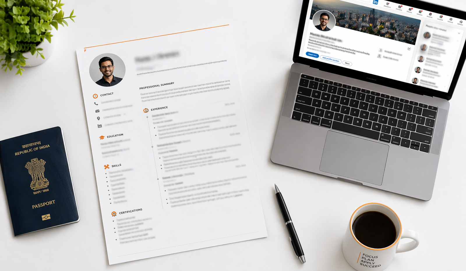 Flat-lay of a clean white desk with a blurred international-style CV/resume, an open laptop displaying a LinkedIn profile, an Indian passport, a pen, and a coffee cup with subtle orange accents, representing professional job application preparation.