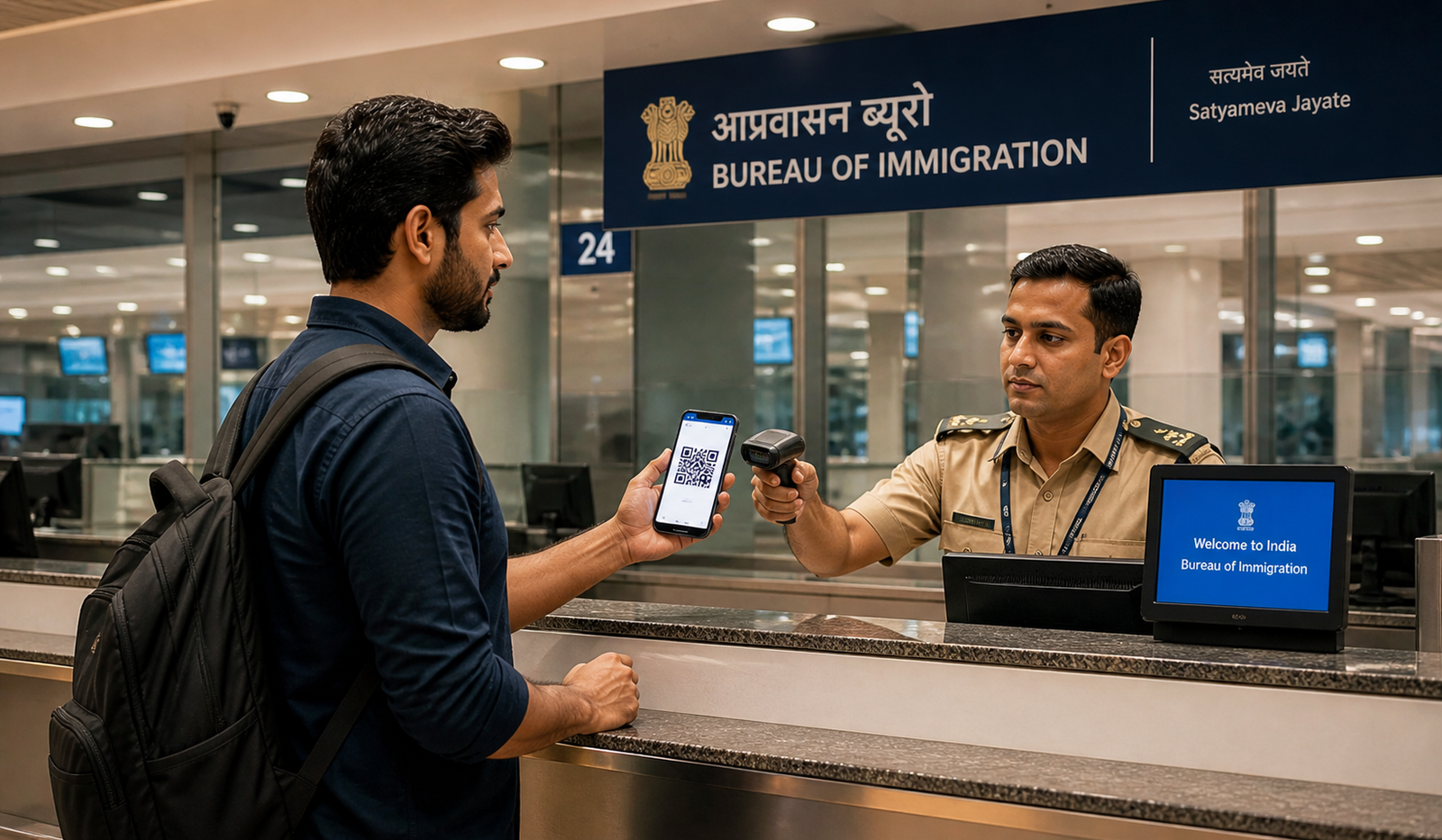 Photorealistic scene of a modern Indian airport immigration counter with warm lighting. A traveler stands at the desk holding up a smartphone displaying a QR code while a uniformed immigration officer scans it with a handheld device. Behind them, clean glass partitions and digital screens are visible, along with a blue sign reading &ldquo;Bureau of Immigration&rdquo; and &ldquo;Satyameva Jayate.&rdquo; The environment looks efficient, organized, and technologically advanced, conveying a smooth digital entry process in India.
