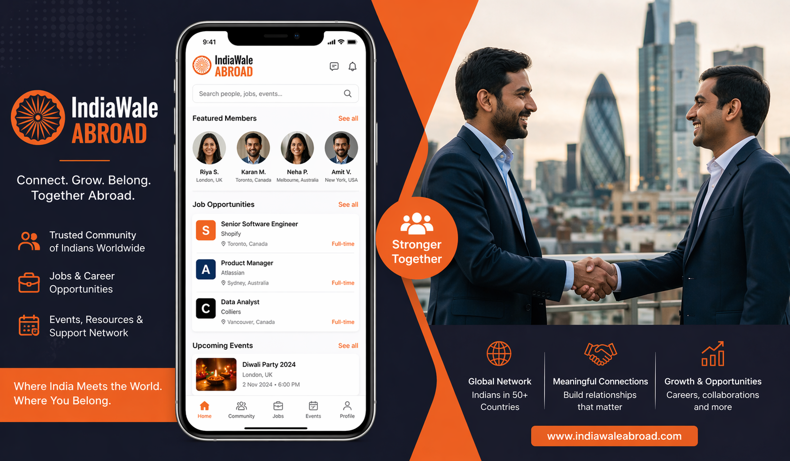 A split-screen promotional image showing the IndiaWale Abroad community platform on a smartphone beside two Indian professionals shaking hands in a modern Western city. The phone screen displays expat profiles, job listings, and events, while orange and dark navy branding creates a warm, professional feel focused on connection, careers, and community abroad.
