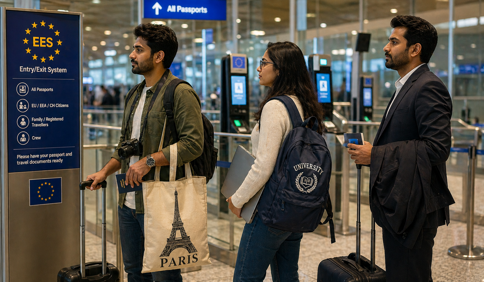 Photorealistic image of three Indian travelers in a modern Schengen airport border control queue: a tourist holding a camera and Paris-themed tote bag, a student with a university backpack and laptop, and a business professional with a carry-on and suit jacket. Clean, organized immigration area with biometric kiosks and EU signage, calm and multicultural atmosphere.