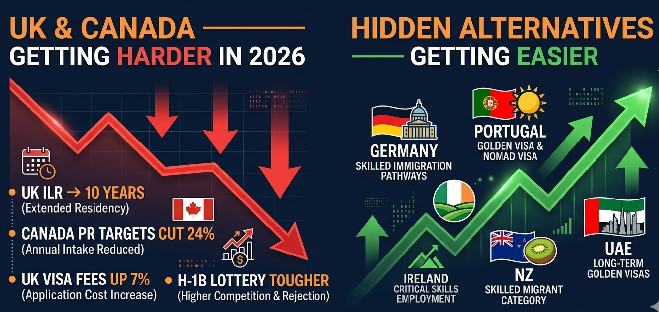 A data-driven infographic on a dark navy background comparing traditional migration routes with emerging alternatives. The design uses high-contrast orange, red, and green to highlight shifting global immigration trends in 2026.